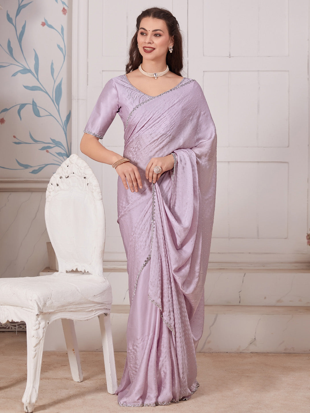 Satin Silk Mauve Embellished Designer Saree With Blouse