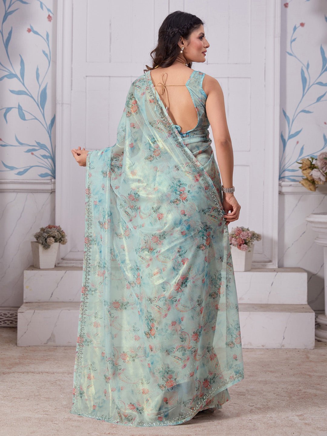 Organza Light Blue Embellished Designer Saree With Blouse