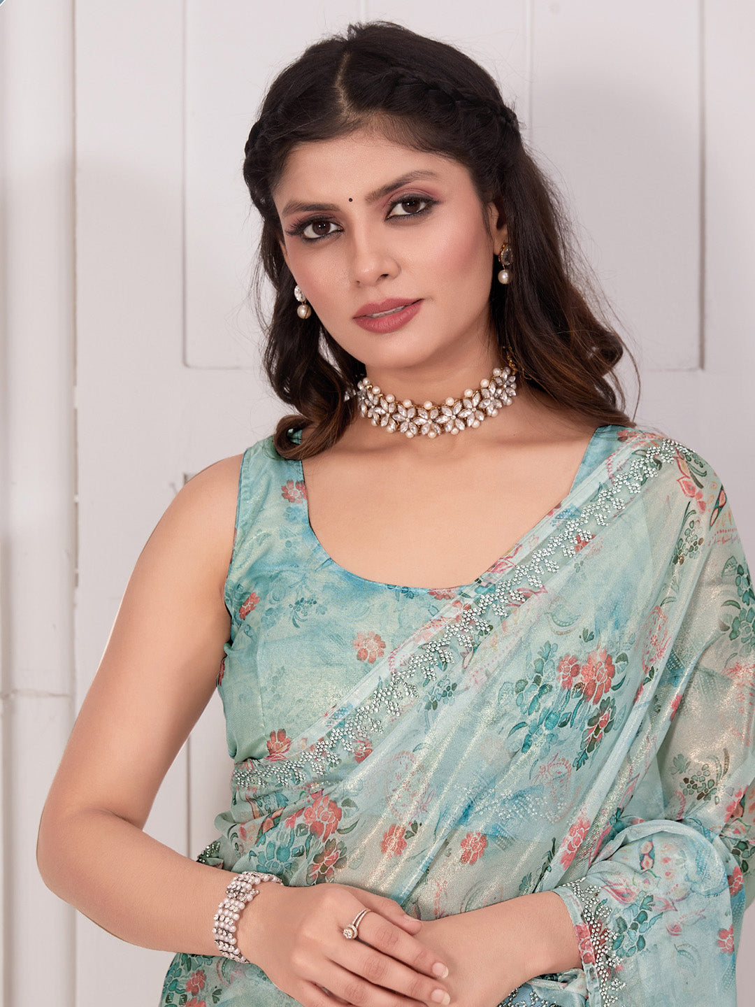 Organza Light Blue Embellished Designer Saree With Blouse