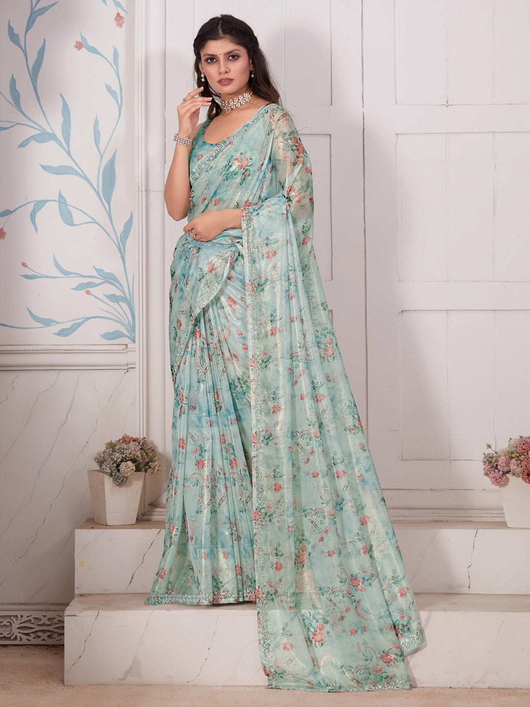 Organza Light Blue Embellished Designer Saree With Blouse