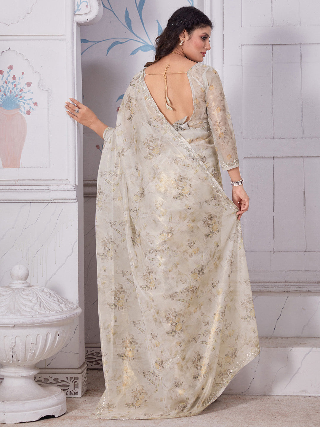 Organza Cream Embellished Designer Saree With Blouse