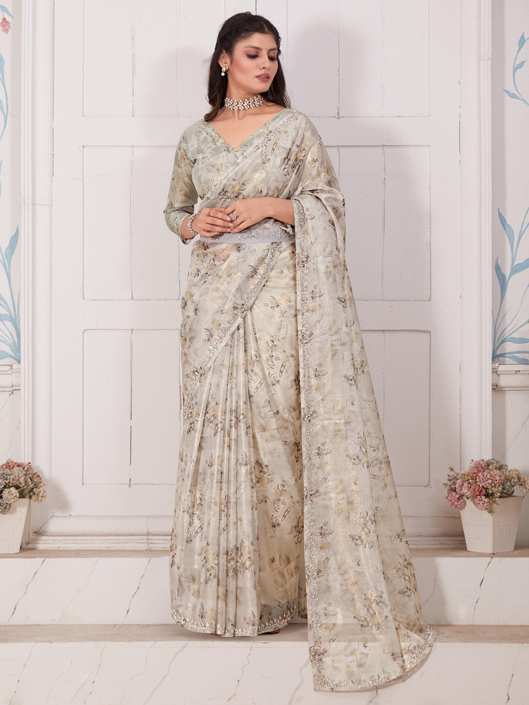 Organza Cream Embellished Designer Saree With Blouse