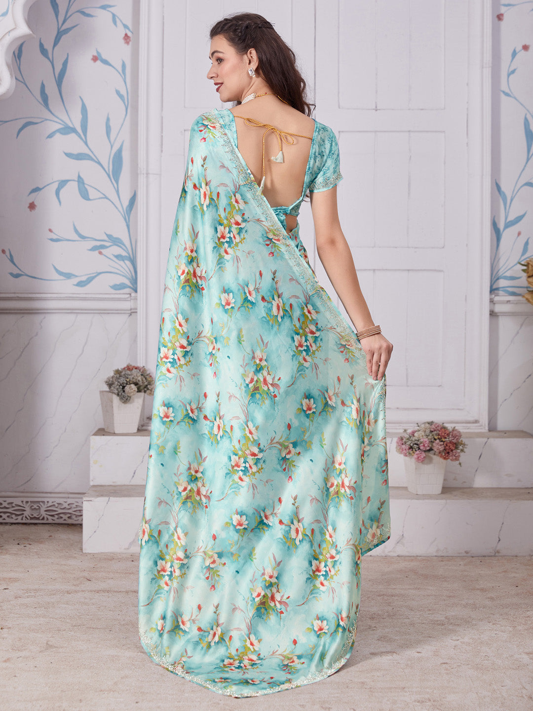 Satin Silk Light Blue Embellished Designer Saree With Blouse