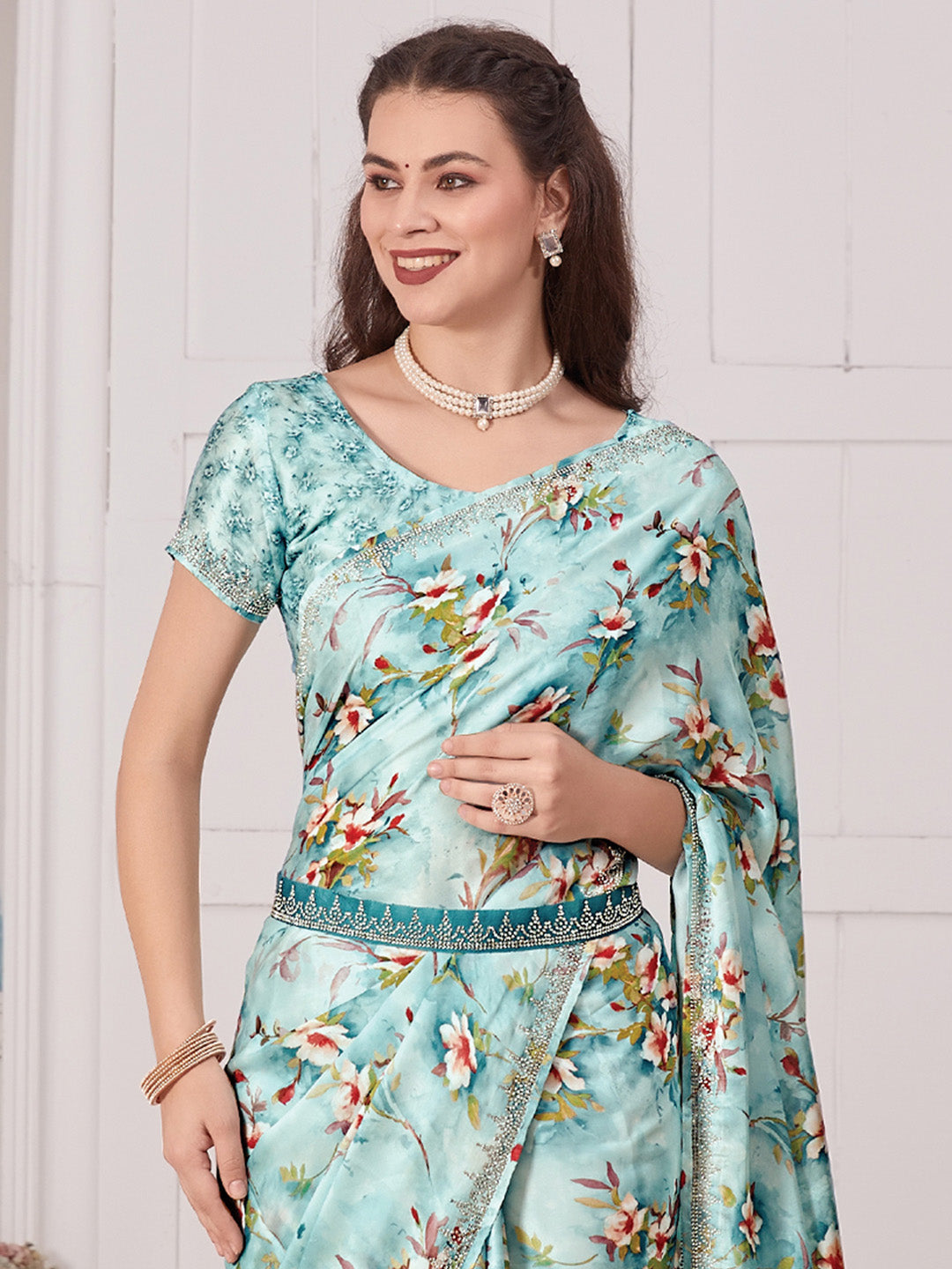 Satin Silk Light Blue Embellished Designer Saree With Blouse