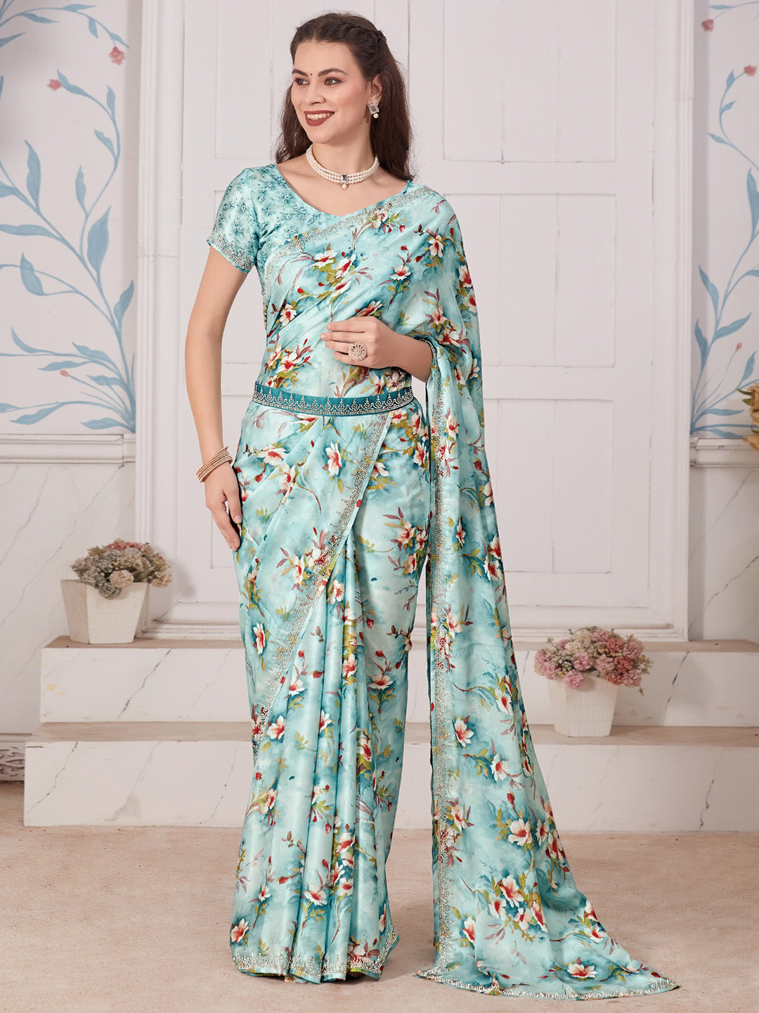 Satin Silk Light Blue Embellished Designer Saree With Blouse