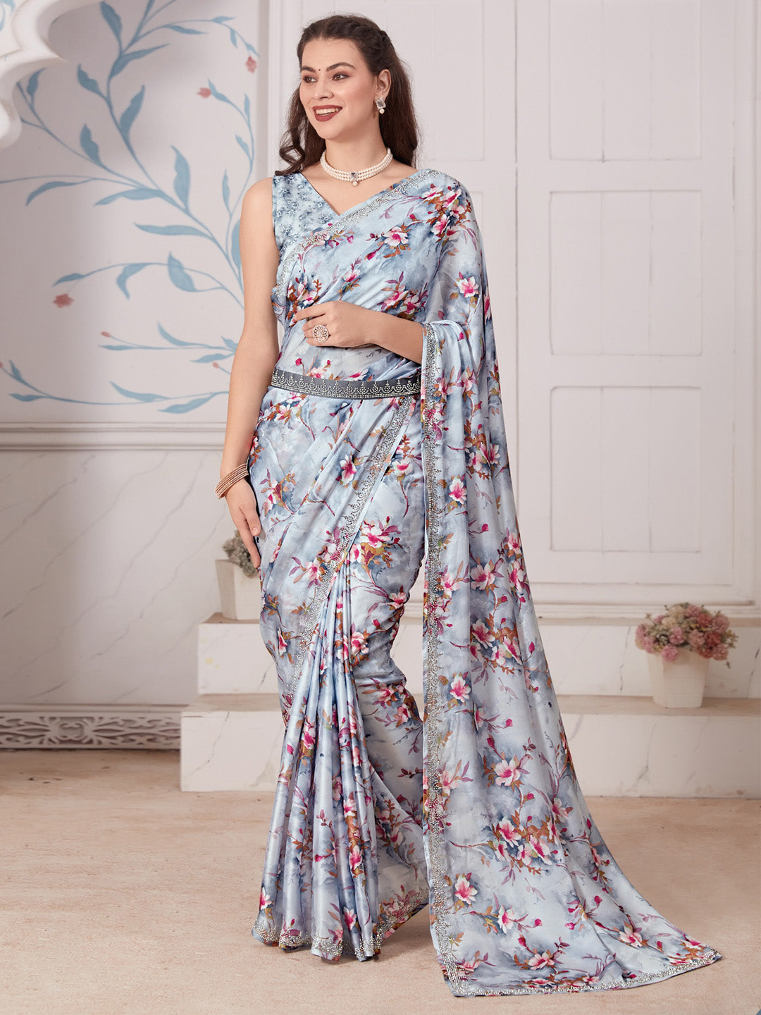 Satin Silk Grey Embellished Designer Saree With Blouse