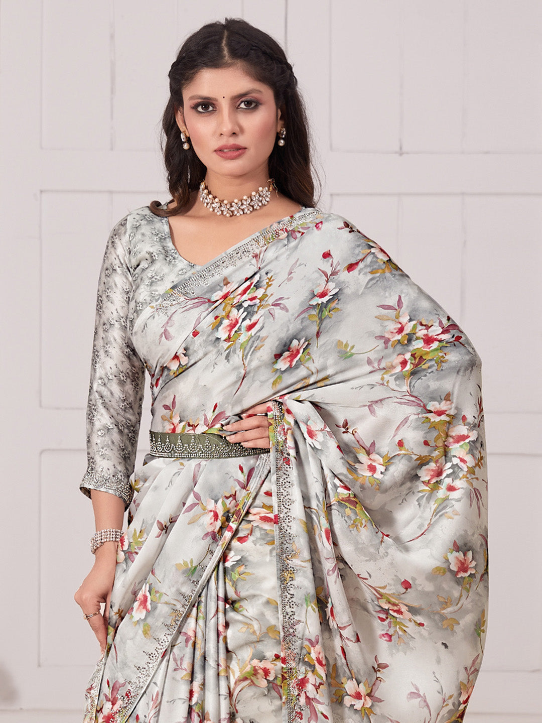 Satin Silk Metallic Embellished Designer Saree With Blouse