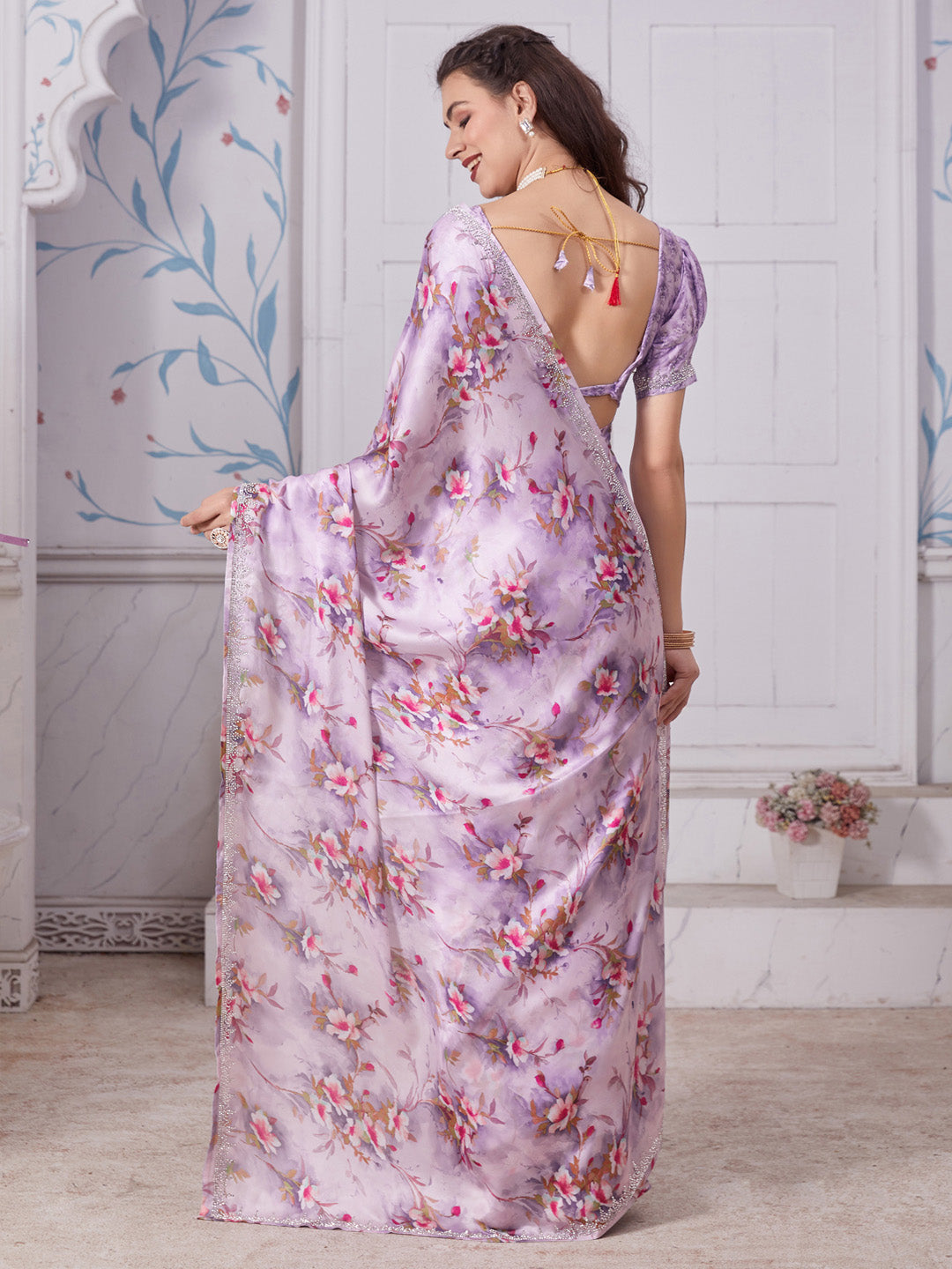 Satin Silk Mauve Embellished Designer Saree With Blouse