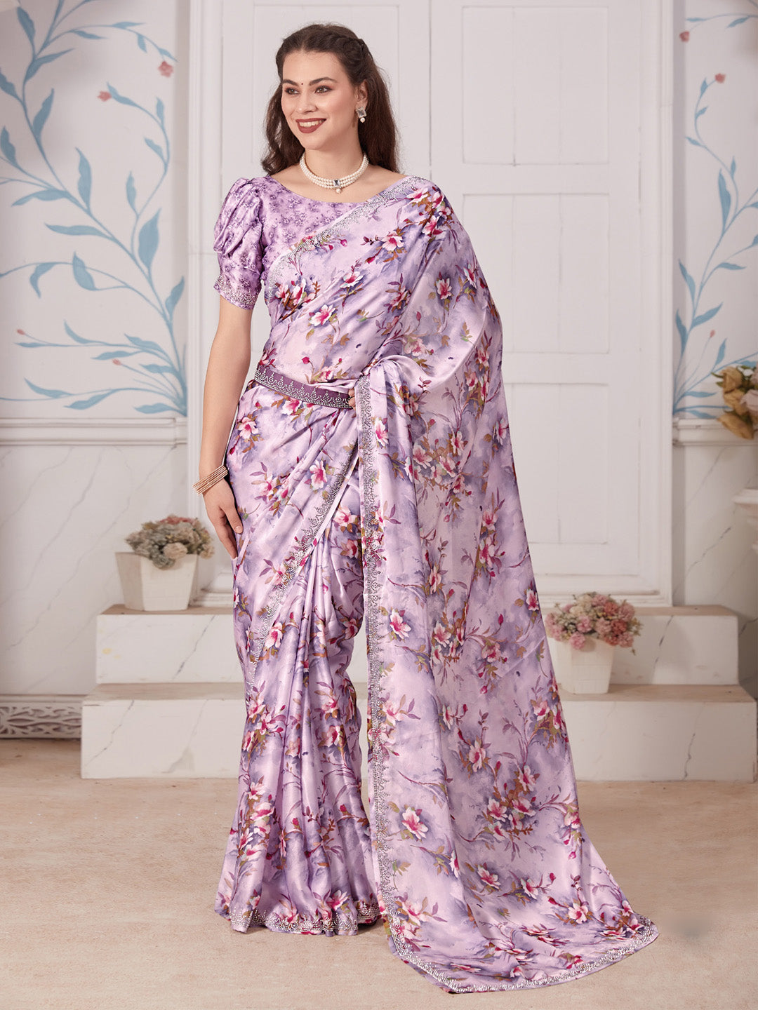 Satin Silk Mauve Embellished Designer Saree With Blouse