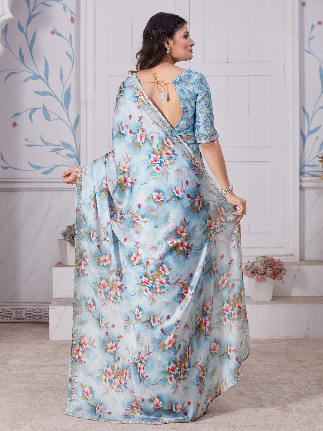 Satin Silk Blue Embellished Designer Saree With Blouse