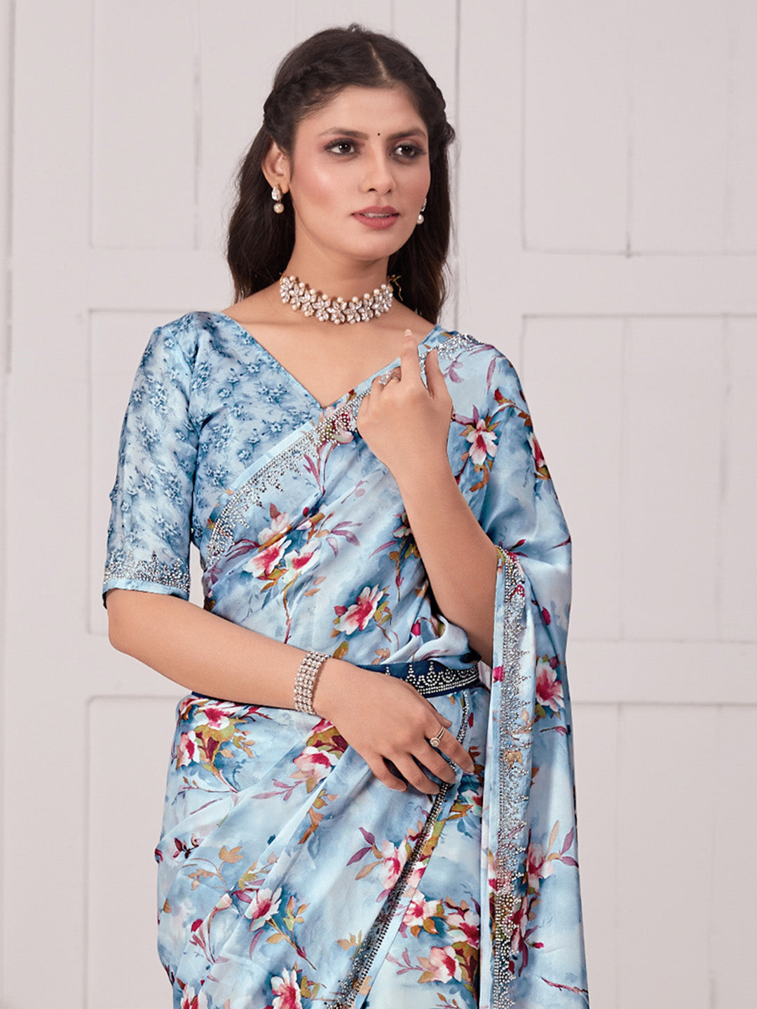 Satin Silk Blue Embellished Designer Saree With Blouse