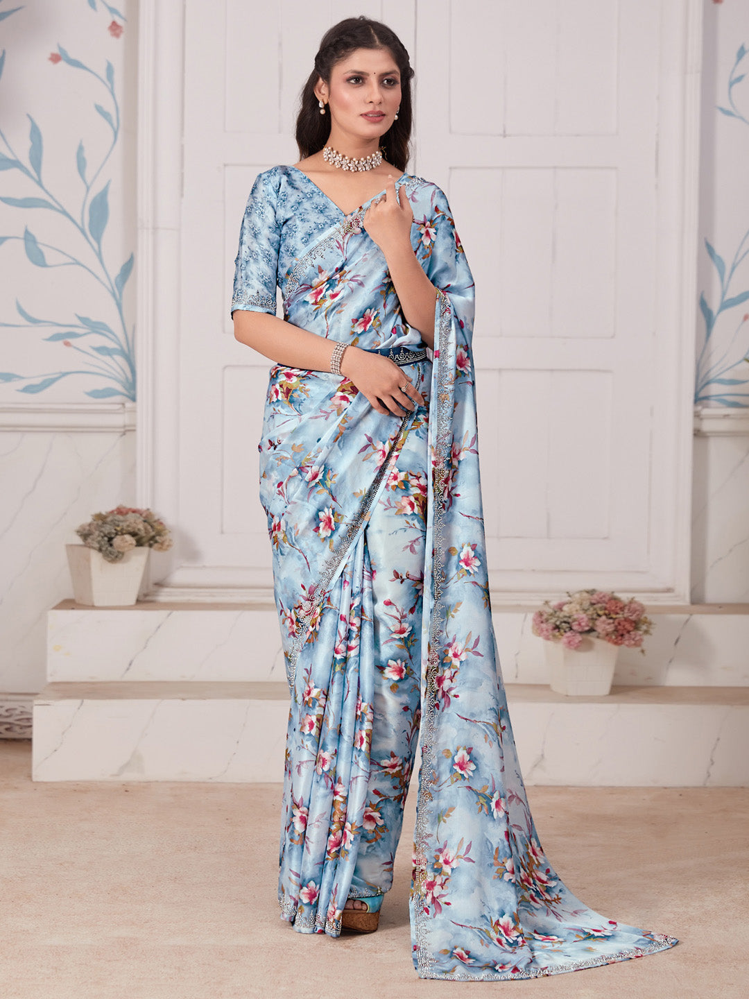 Satin Silk Blue Embellished Designer Saree With Blouse