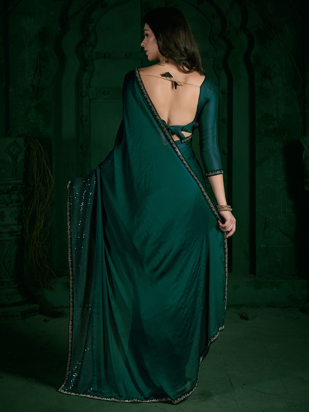 Chiffon Teal green Embellished Designer Saree With Blouse