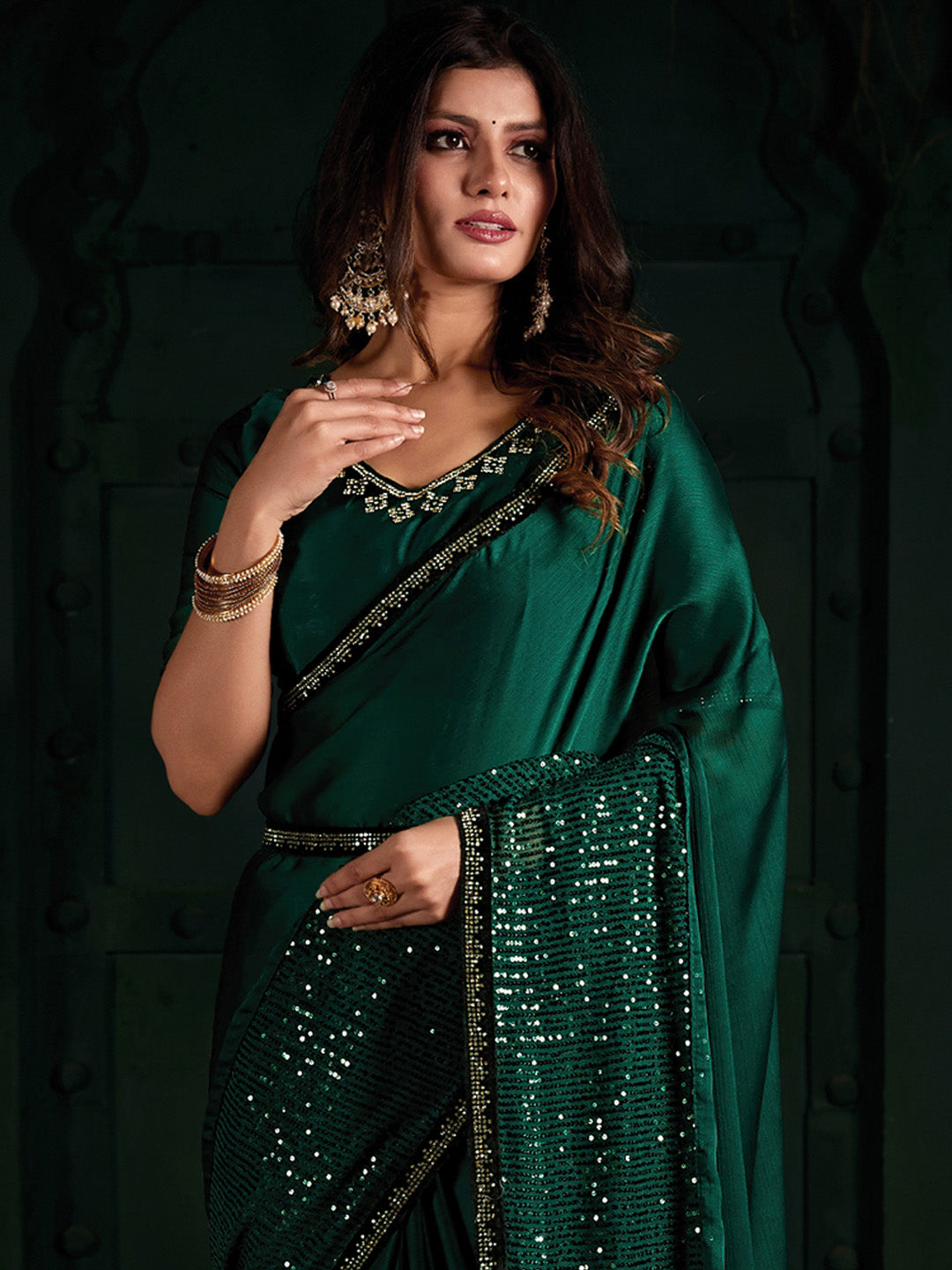 Chiffon Teal green Embellished Designer Saree With Blouse