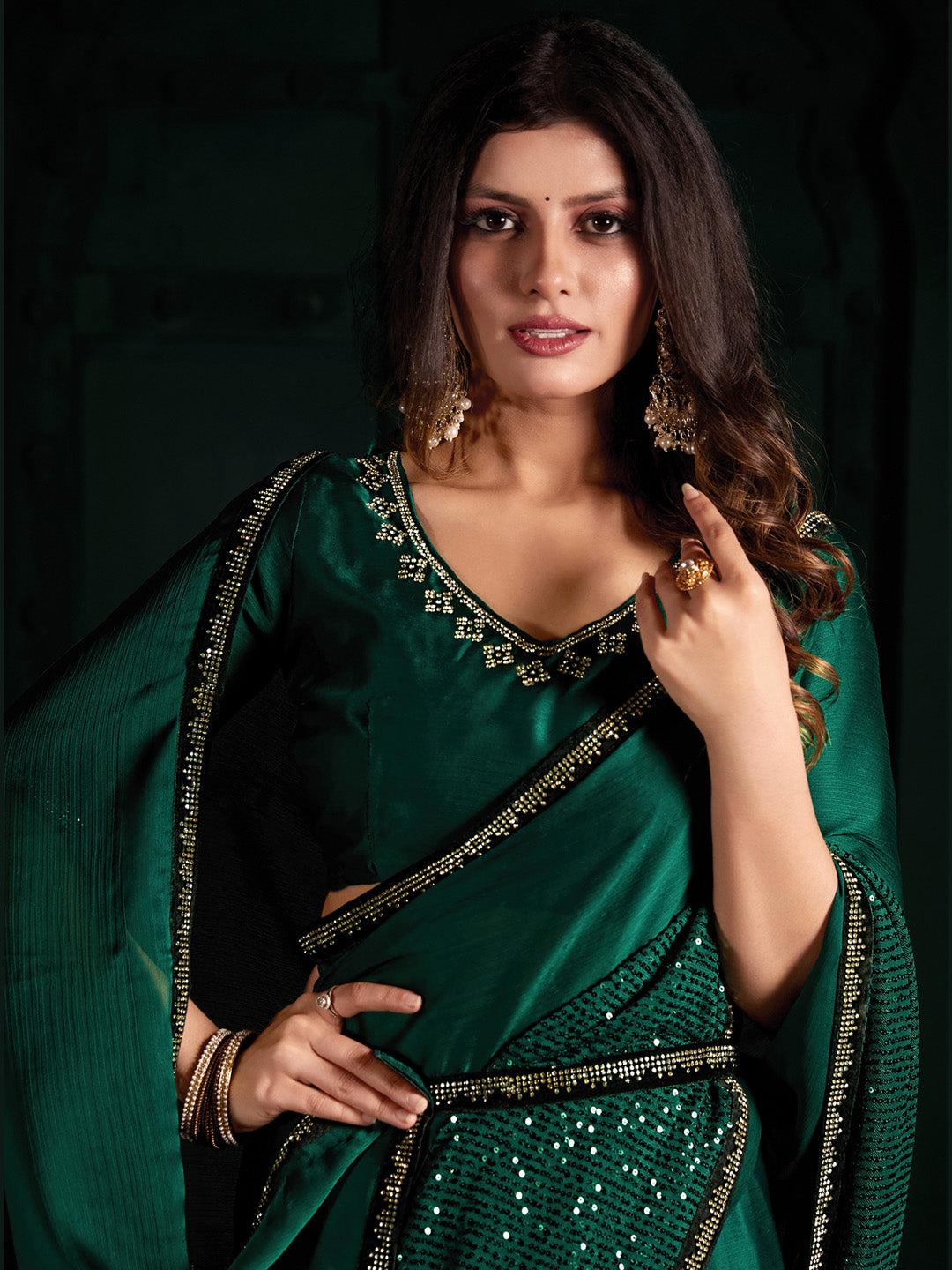 Chiffon Teal green Embellished Designer Saree With Blouse