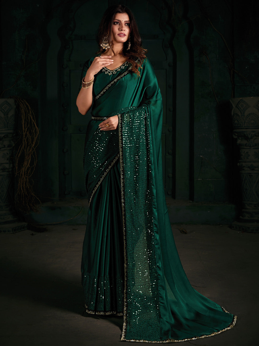 Chiffon Teal green Embellished Designer Saree With Blouse