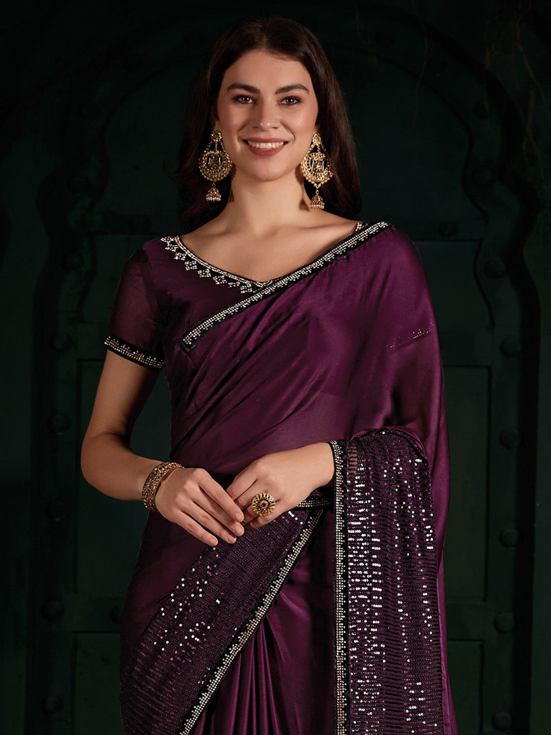 Chiffon Magenta Embellished Designer Saree With Blouse