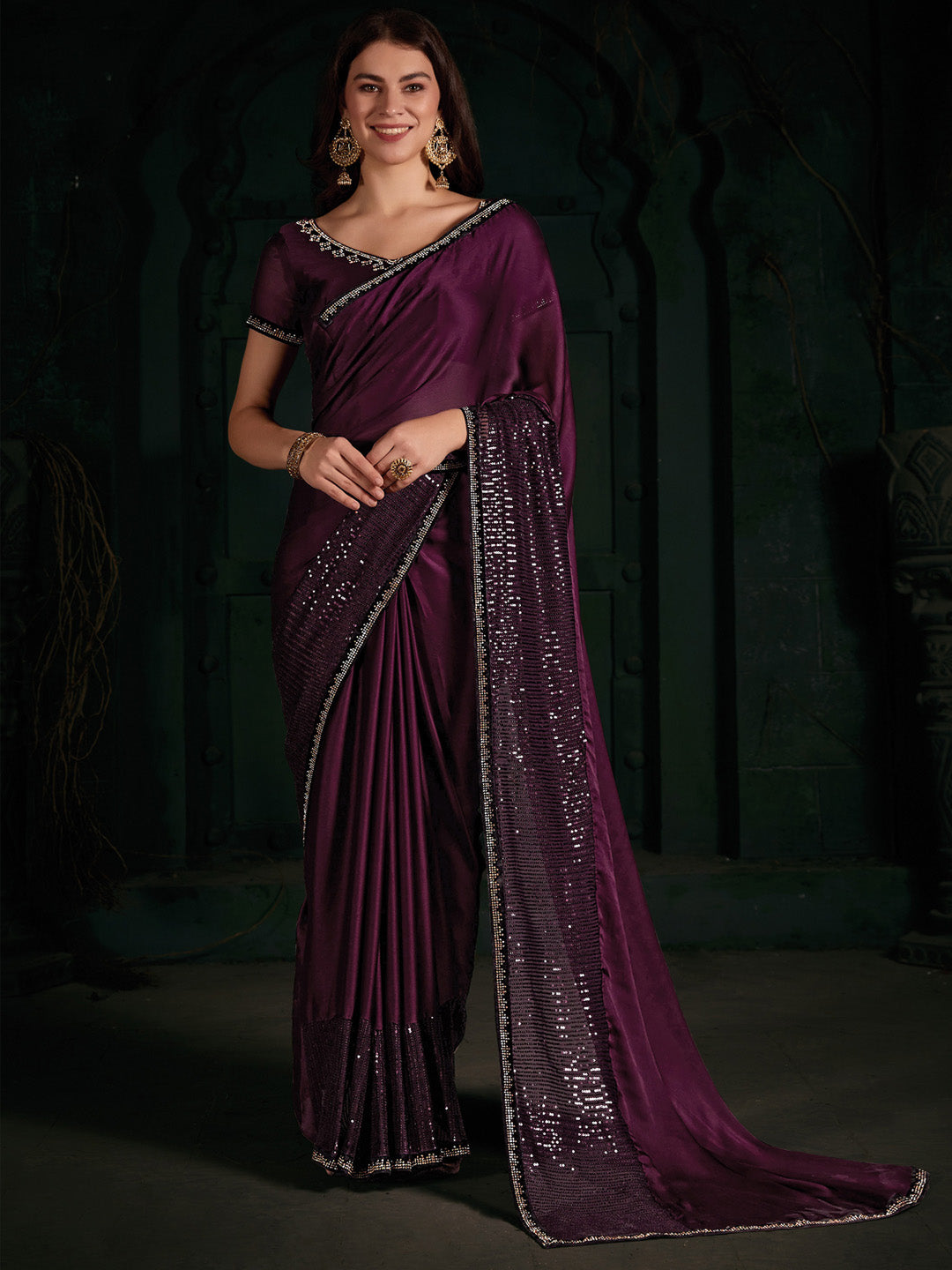 Chiffon Magenta Embellished Designer Saree With Blouse