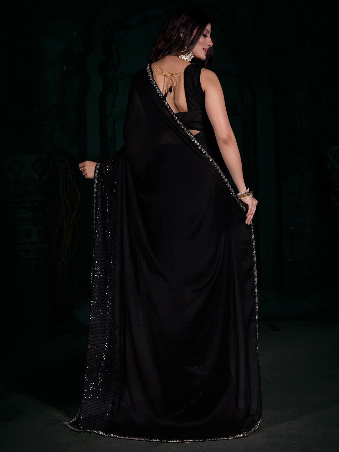 Chiffon Black Embellished Designer Saree With Blouse