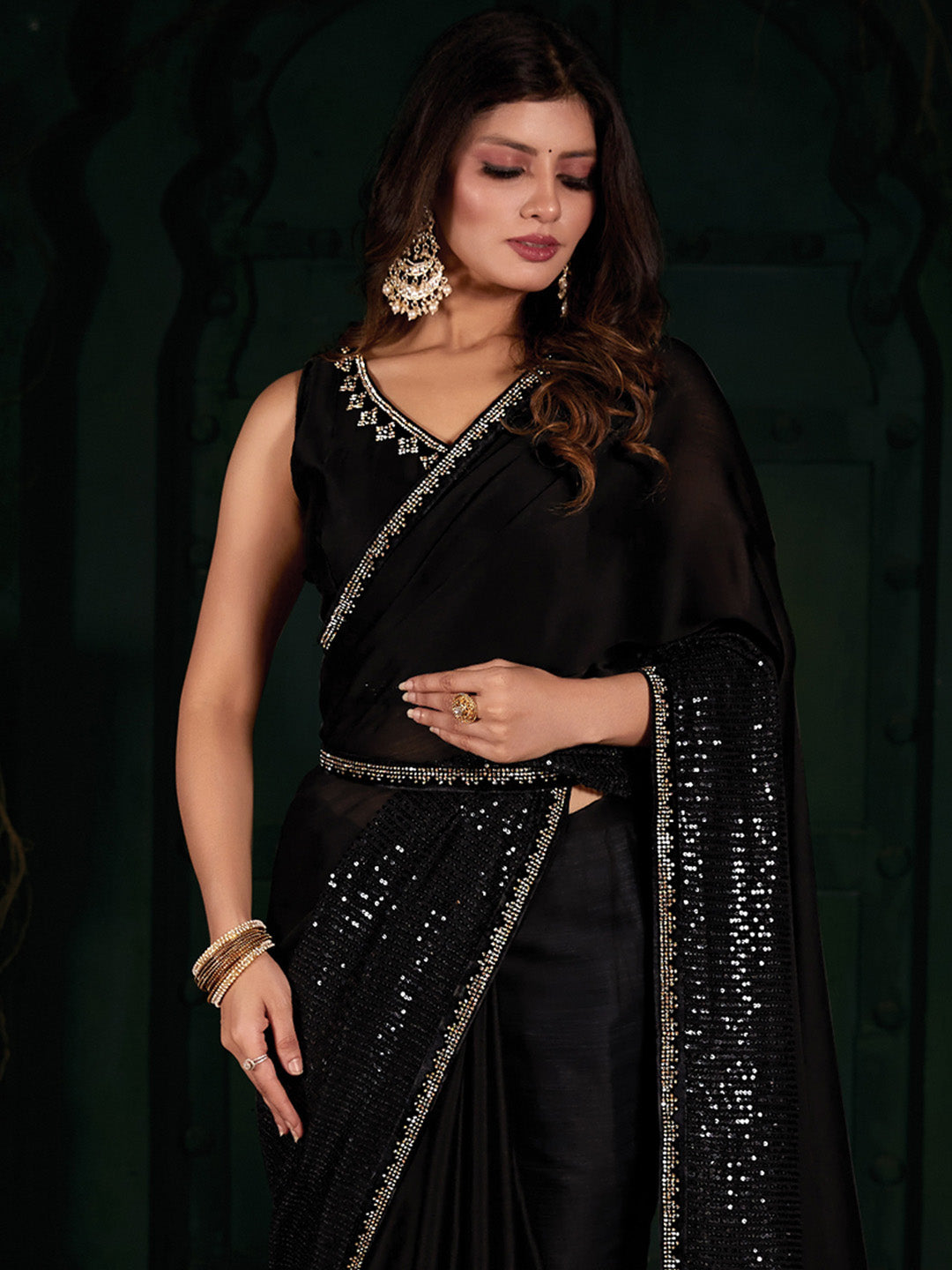 Chiffon Black Embellished Designer Saree With Blouse