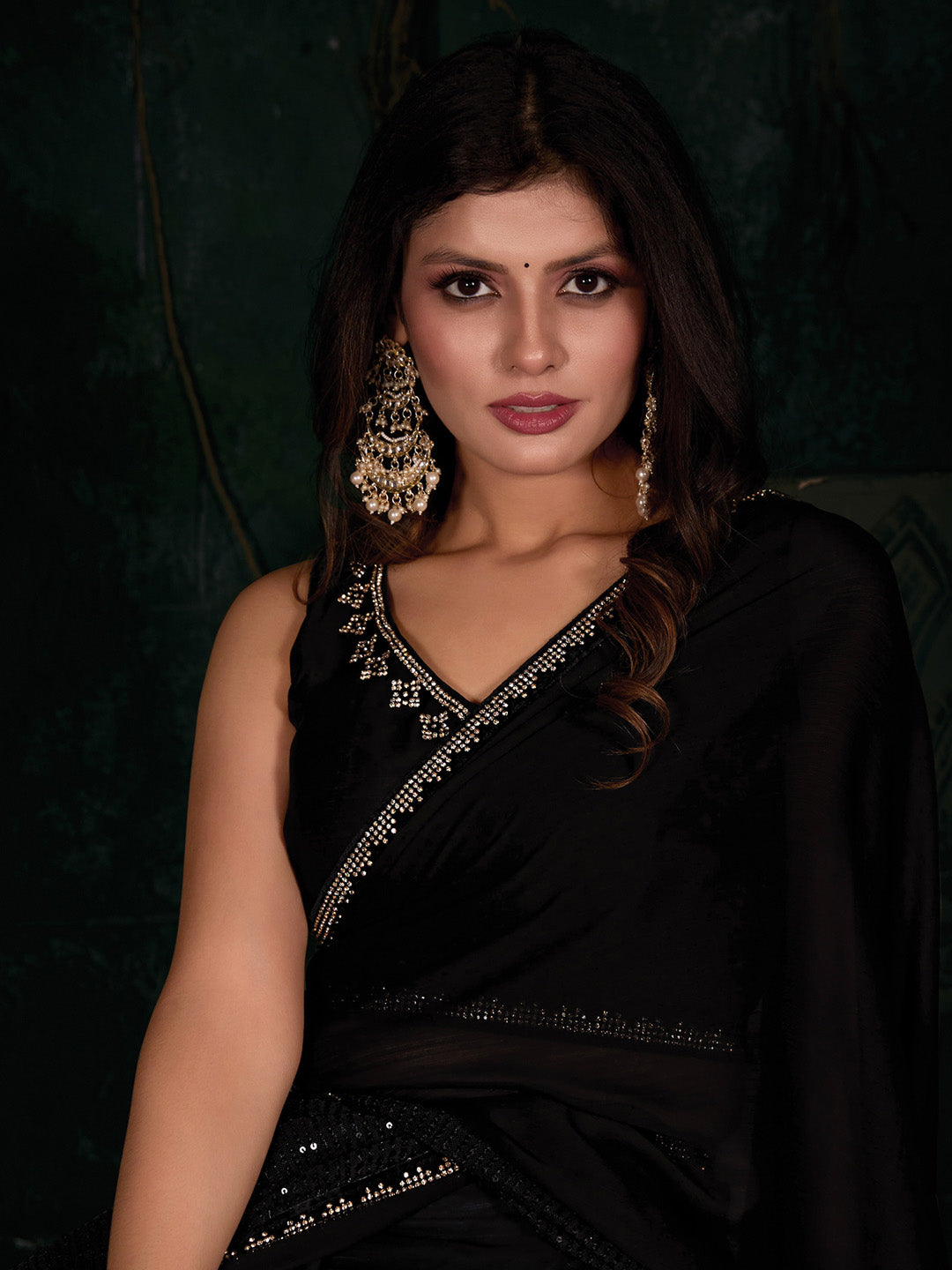 Chiffon Black Embellished Designer Saree With Blouse