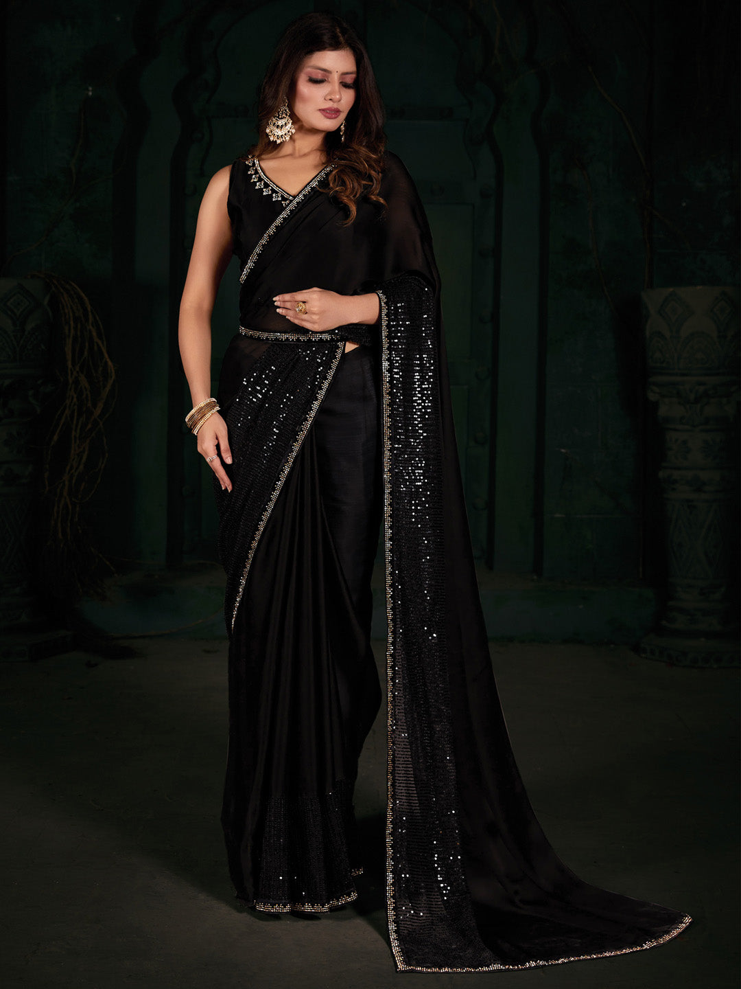 Chiffon Black Embellished Designer Saree With Blouse