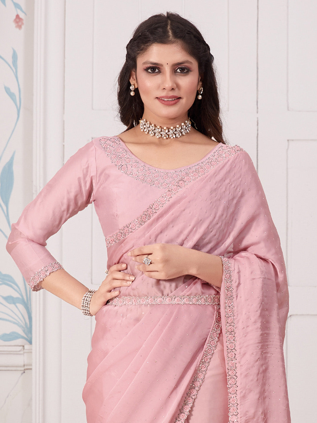 Satin Silk Pink Embellished Designer Saree With Blouse