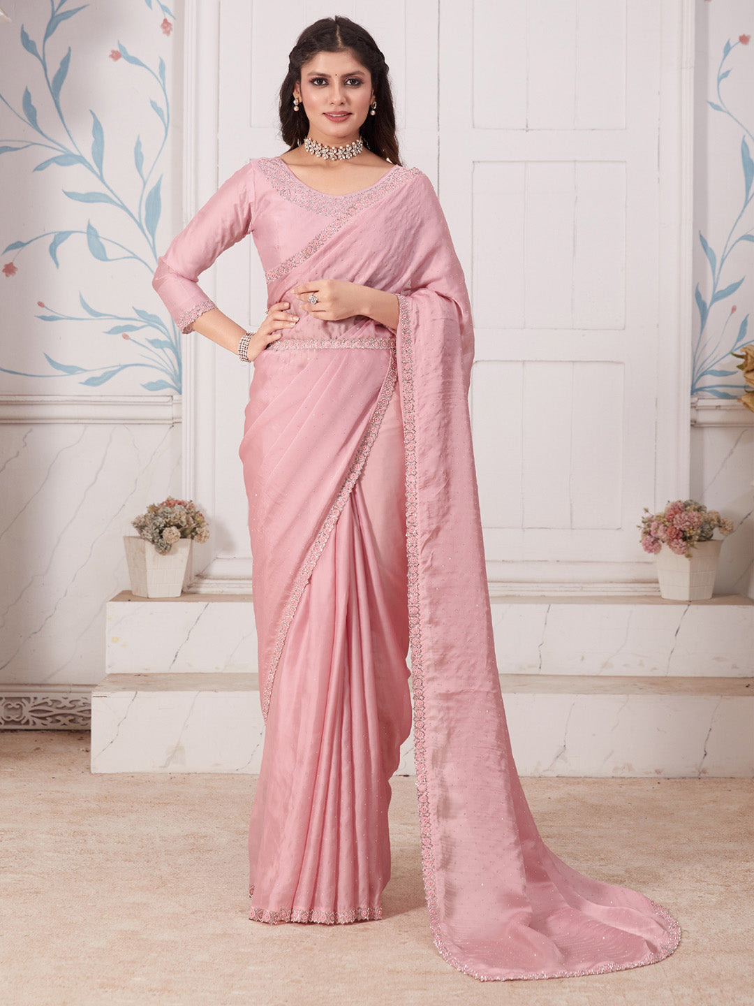 Satin Silk Pink Embellished Designer Saree With Blouse