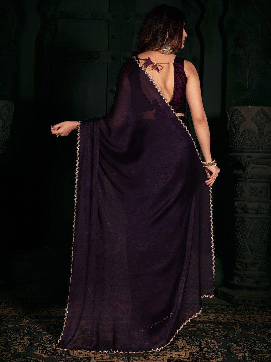 Chiffon Purple Embellished Designer Saree With Blouse