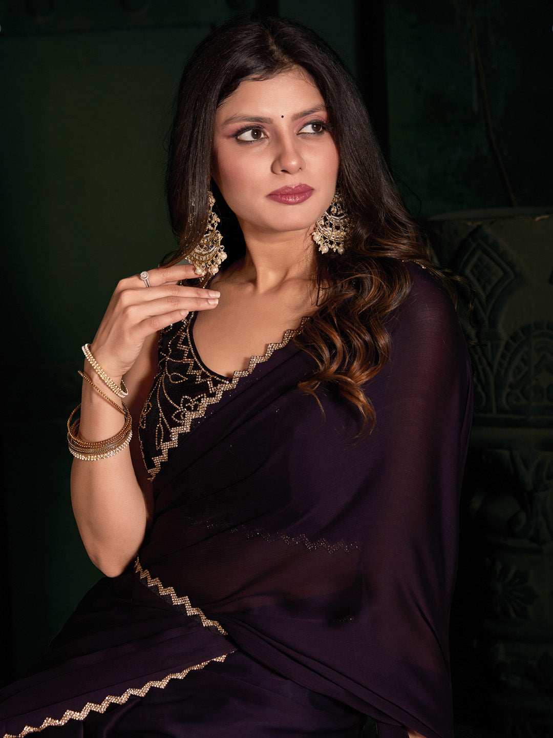 Chiffon Purple Embellished Designer Saree With Blouse