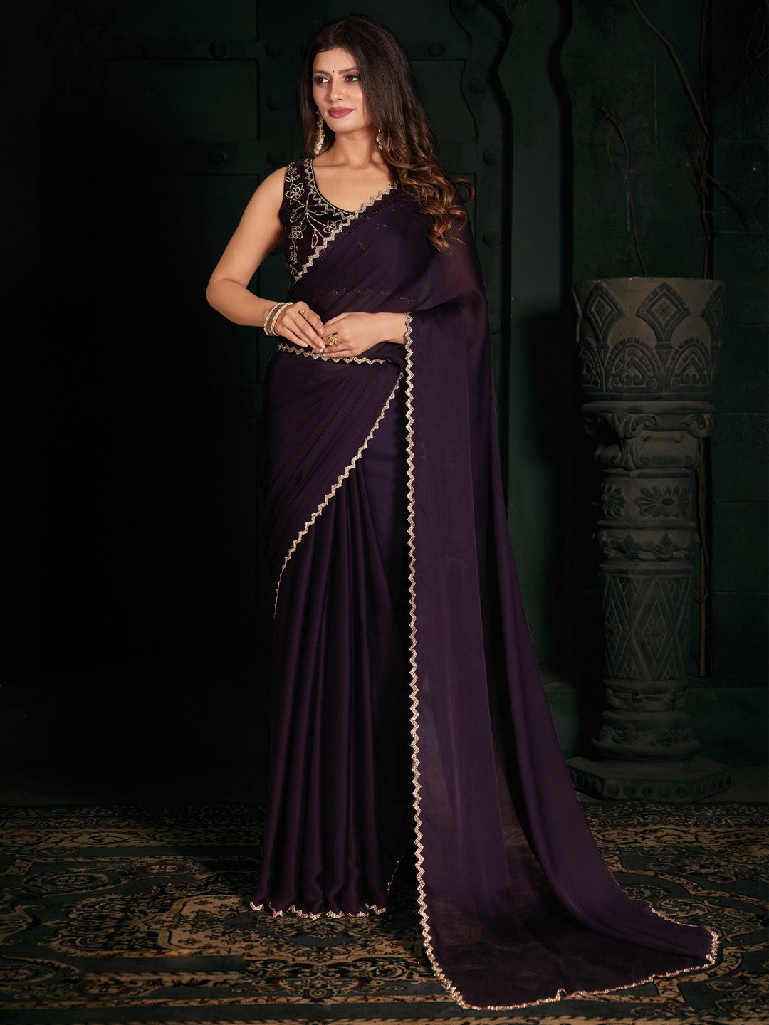 Chiffon Purple Embellished Designer Saree With Blouse