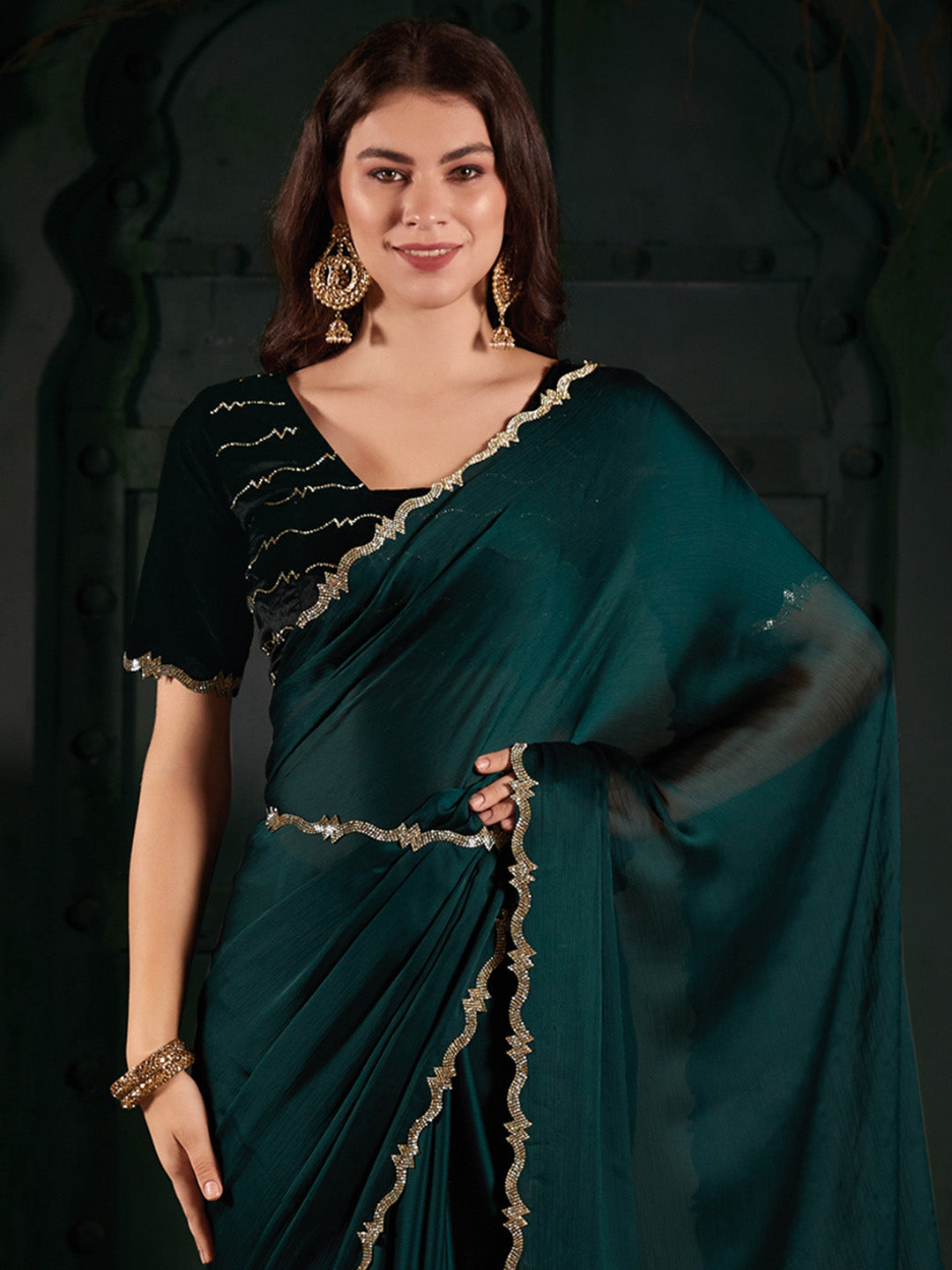 Chiffon Teal blue Embellished Designer Saree With Blouse