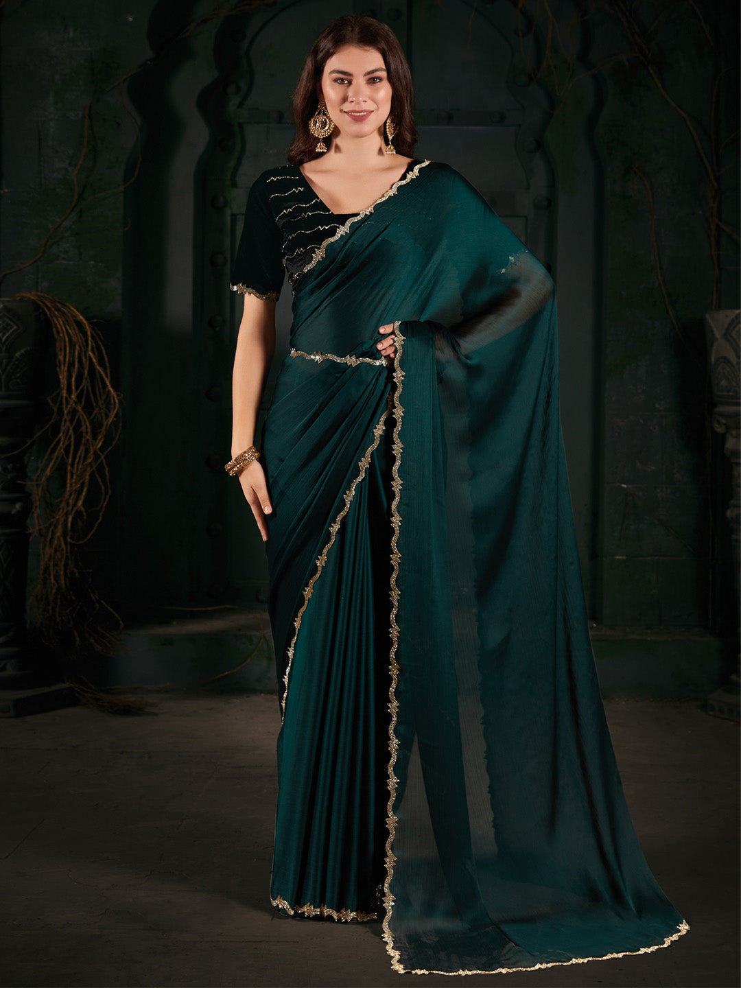 Chiffon Teal blue Embellished Designer Saree With Blouse