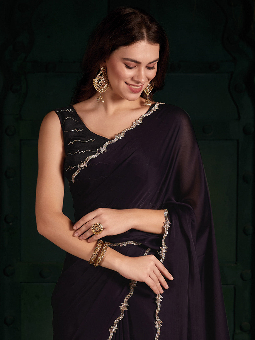 Chiffon Purple Embellished Designer Saree With Blouse