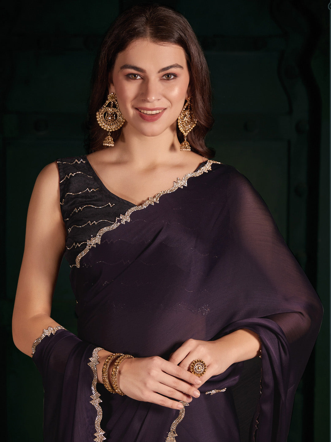 Chiffon Purple Embellished Designer Saree With Blouse