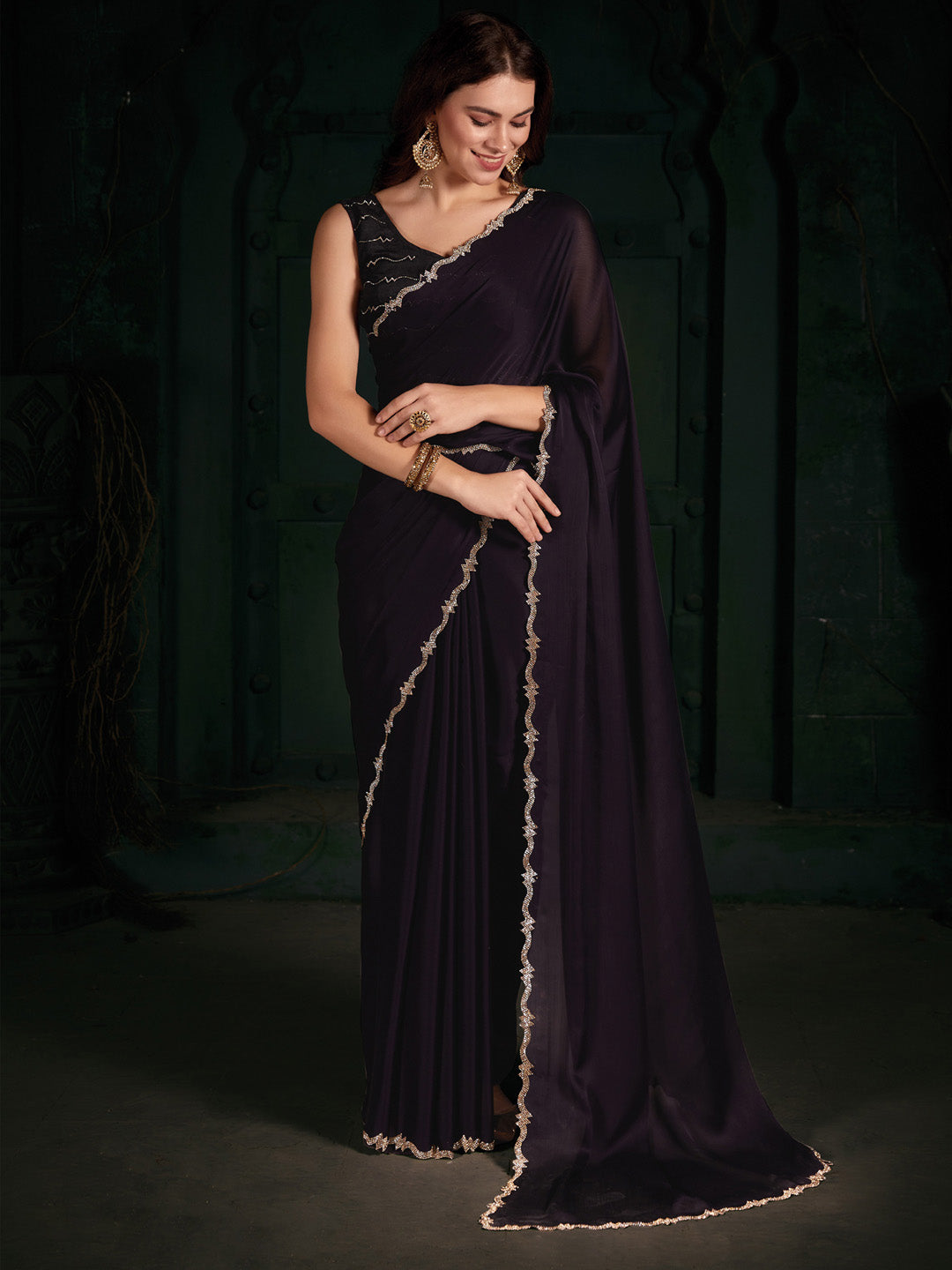 Chiffon Purple Embellished Designer Saree With Blouse