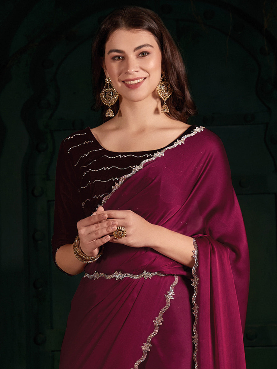 Chiffon Pink Embellished Designer Saree With Blouse