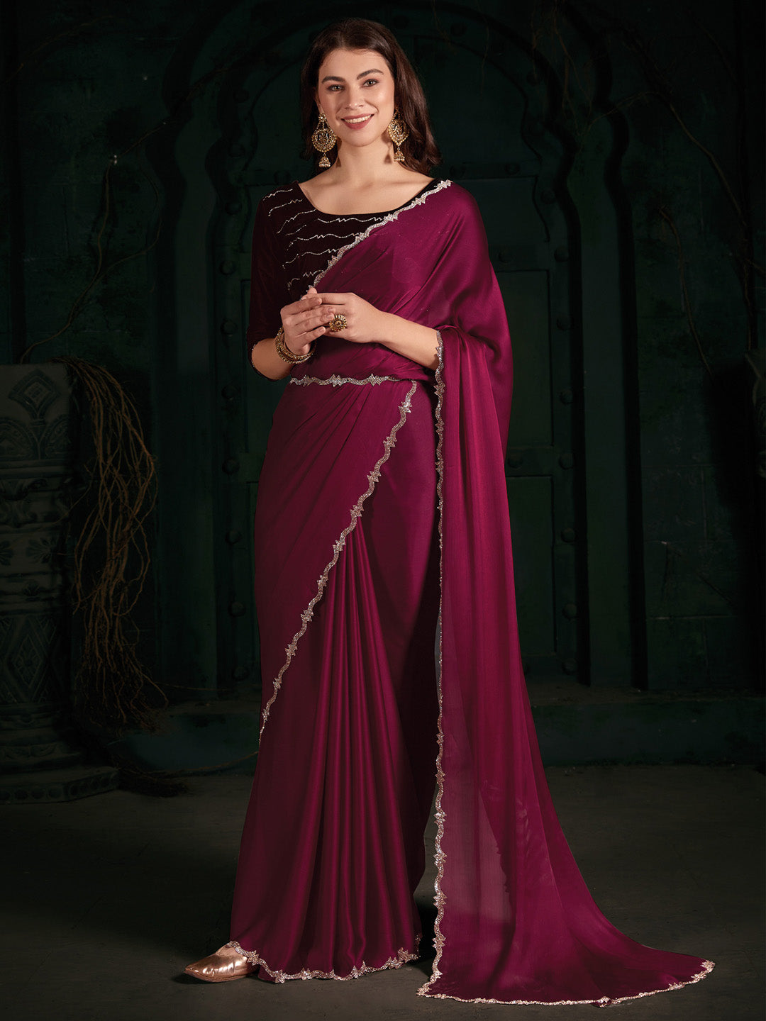 Chiffon Pink Embellished Designer Saree With Blouse