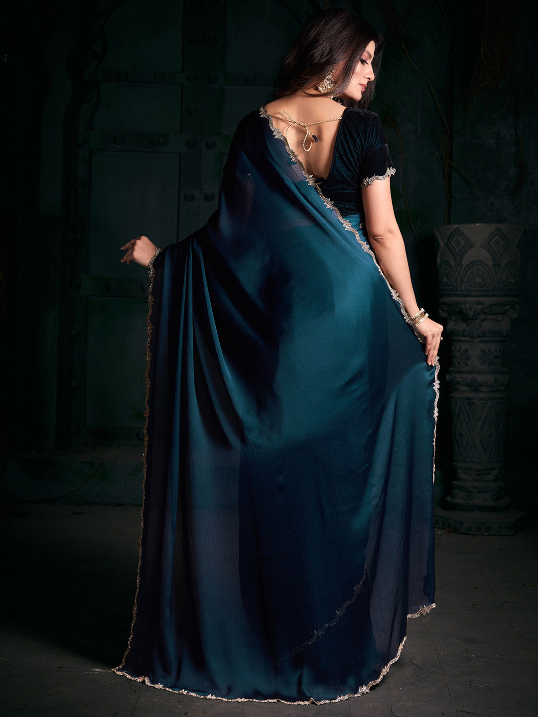 Chiffon Teal blue Embellished Designer Saree With Blouse