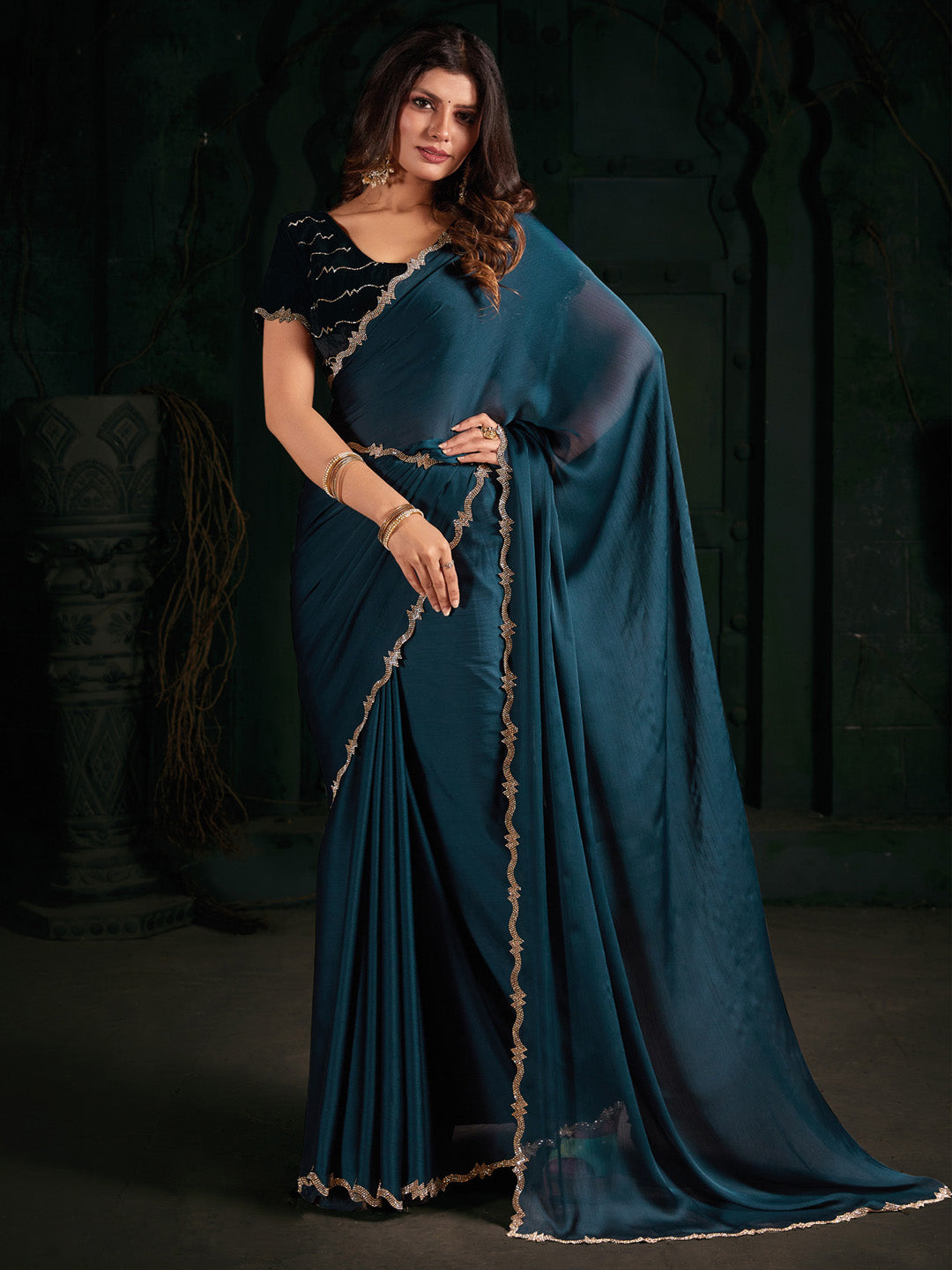 Chiffon Teal blue Embellished Designer Saree With Blouse