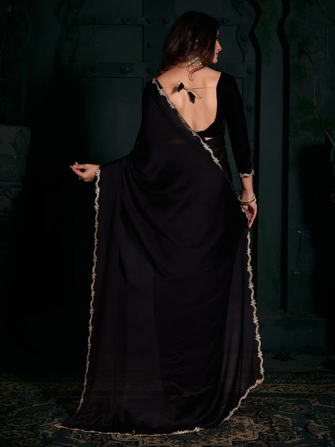 Chiffon Black Embellished Designer Saree With Blouse