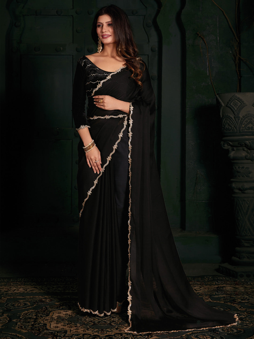 Chiffon Black Embellished Designer Saree With Blouse