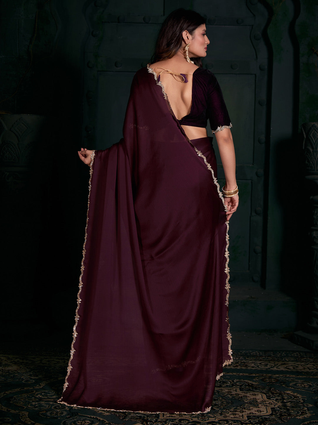 Chiffon Burgundy Embellished Designer Saree With Blouse