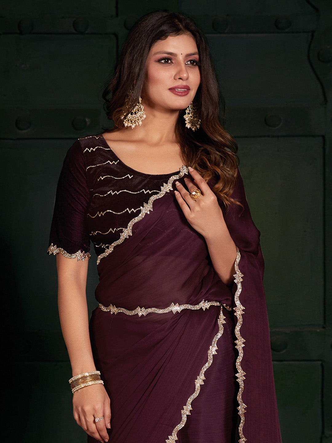 Chiffon Burgundy Embellished Designer Saree With Blouse