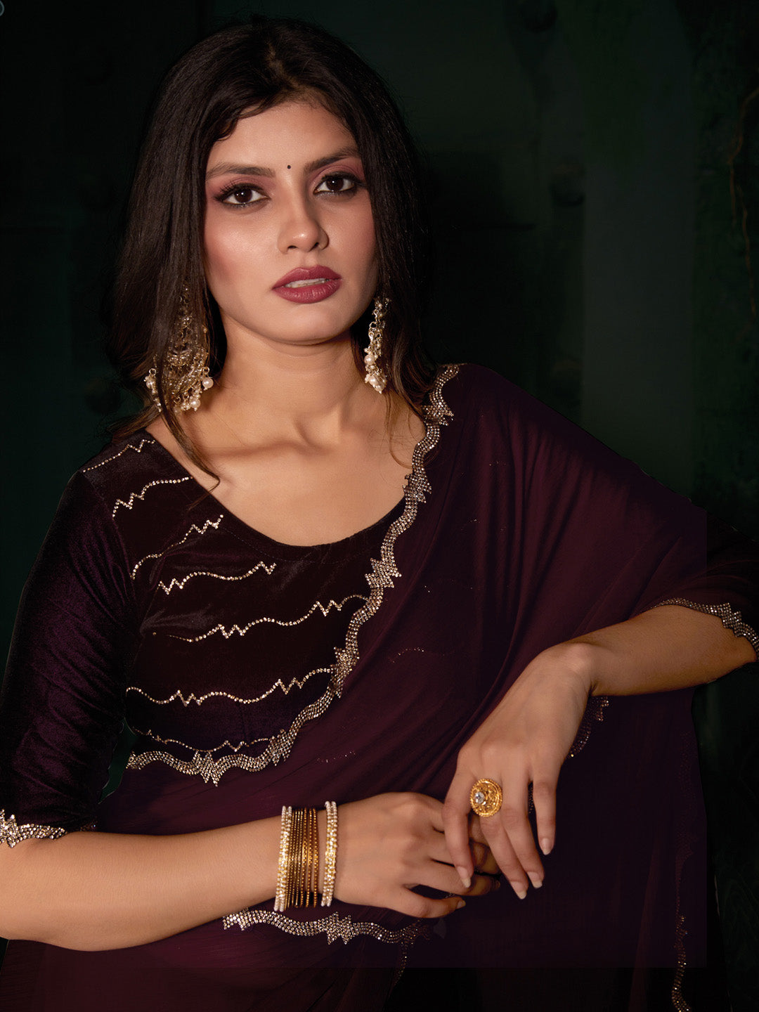 Chiffon Burgundy Embellished Designer Saree With Blouse