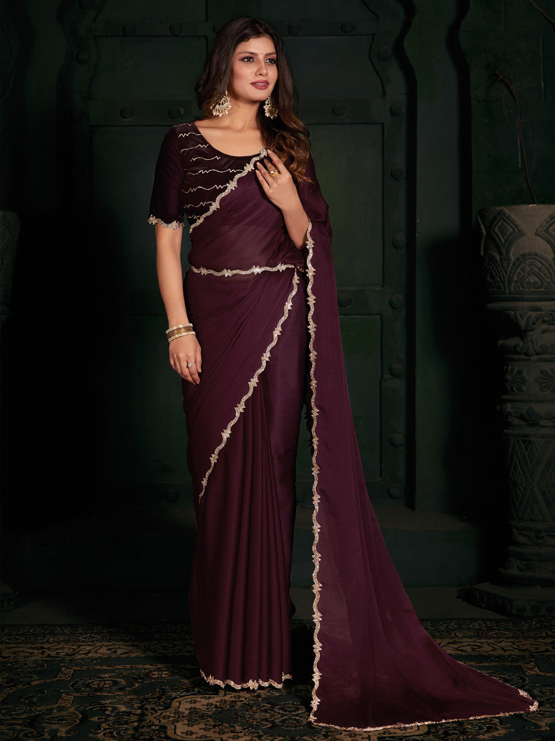 Chiffon Burgundy Embellished Designer Saree With Blouse