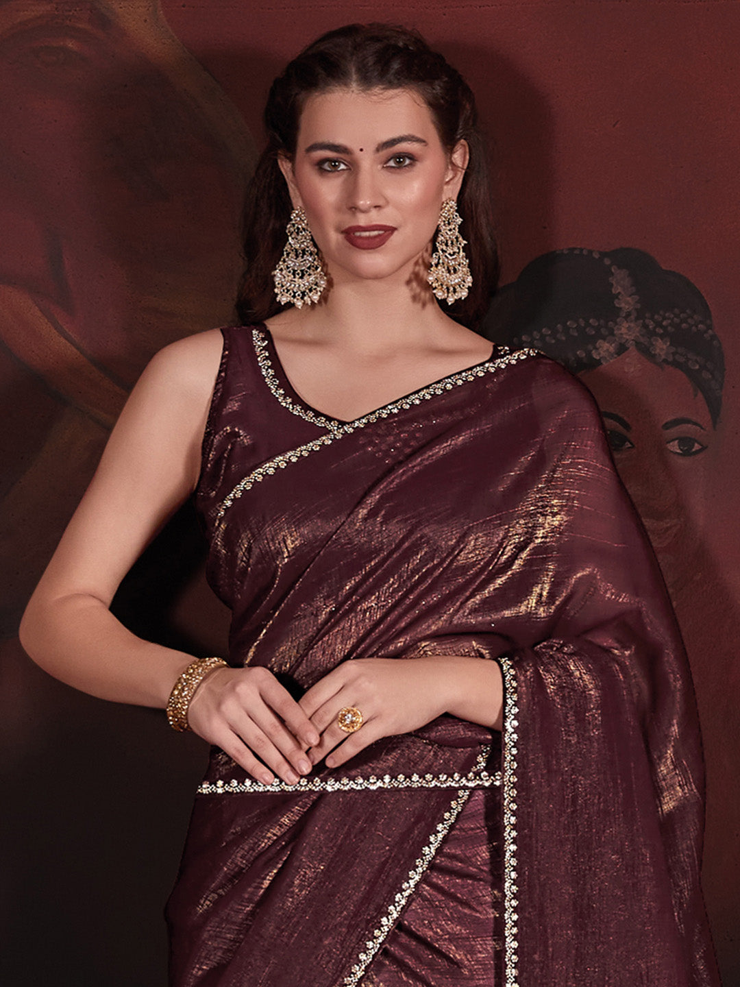 Viscose Silk Burgundy Embellished Designer Saree With Blouse