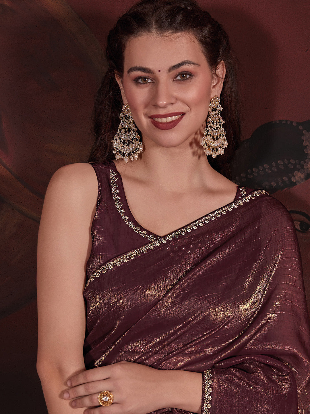 Viscose Silk Burgundy Embellished Designer Saree With Blouse