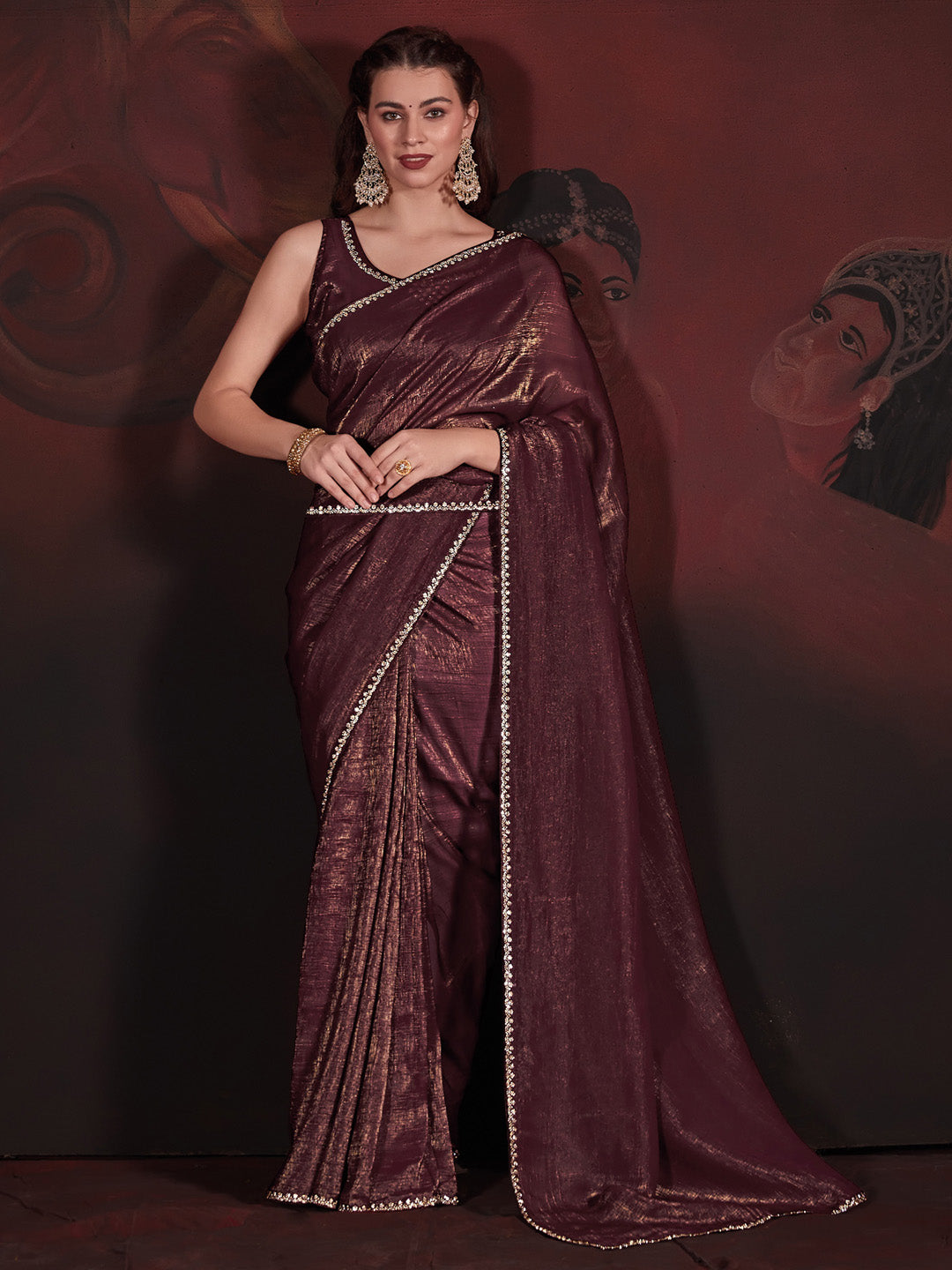 Viscose Silk Burgundy Embellished Designer Saree With Blouse