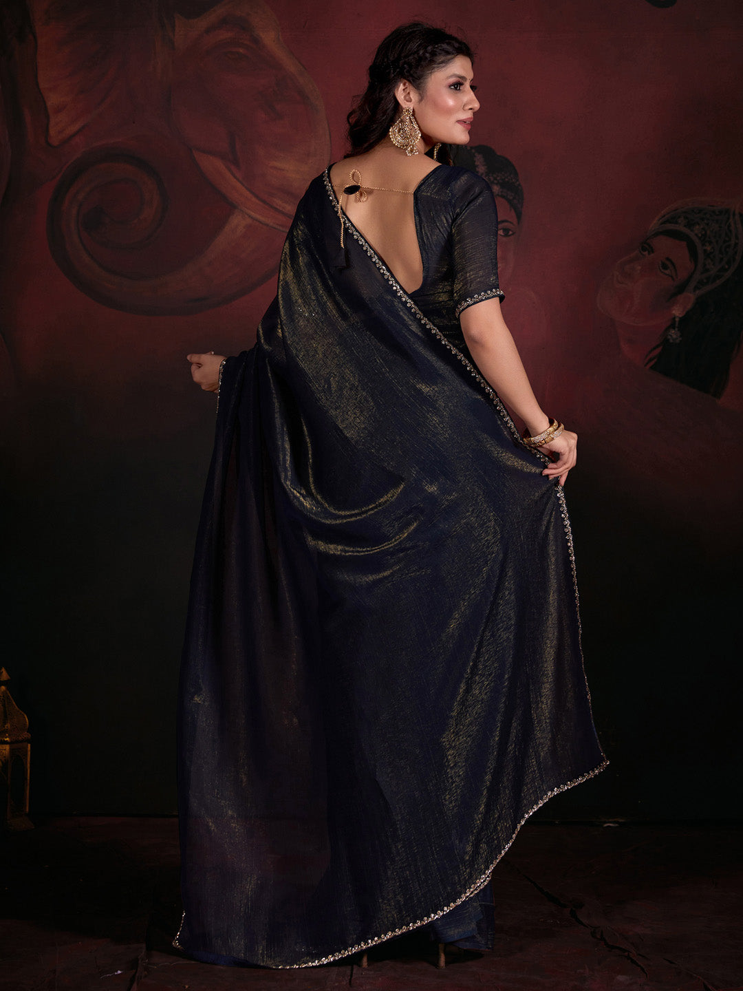 Viscose Silk Navy Blue Embellished Designer Saree With Blouse